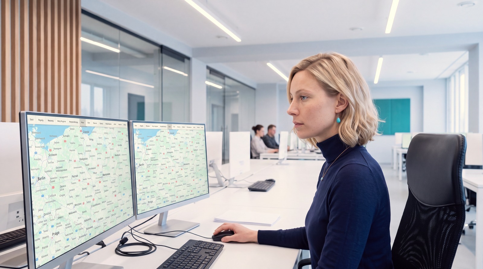 A dispatcher at two monitors showing a fleet map, seen from the side of the desk