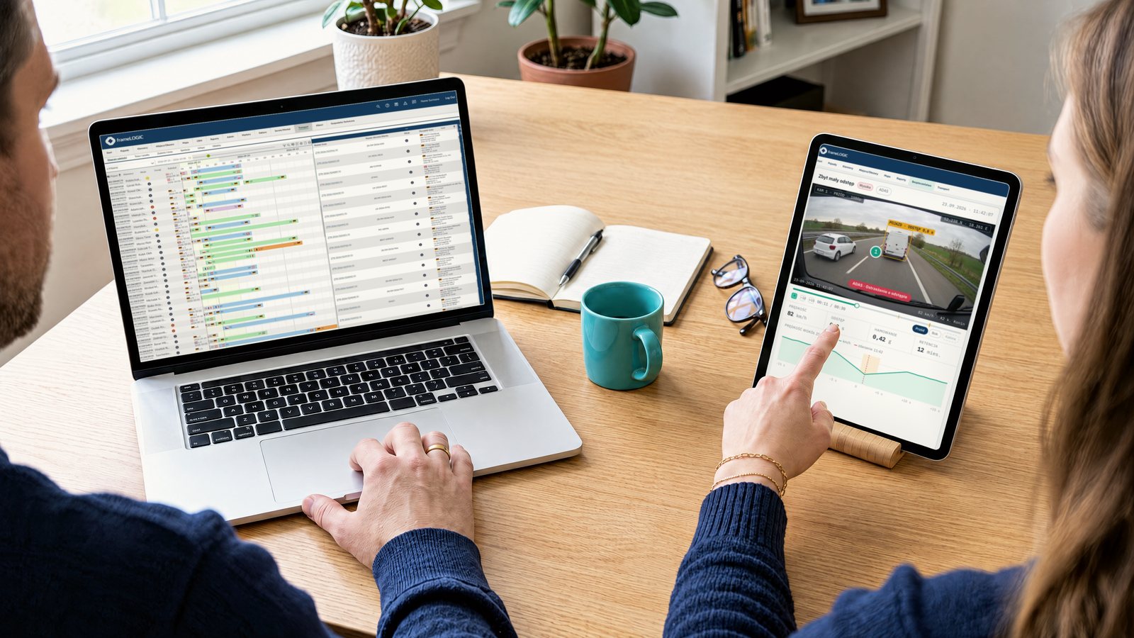 Two people at one desk: the route plan in frameLOGIC TMS on a laptop, a camera event review on a tablet