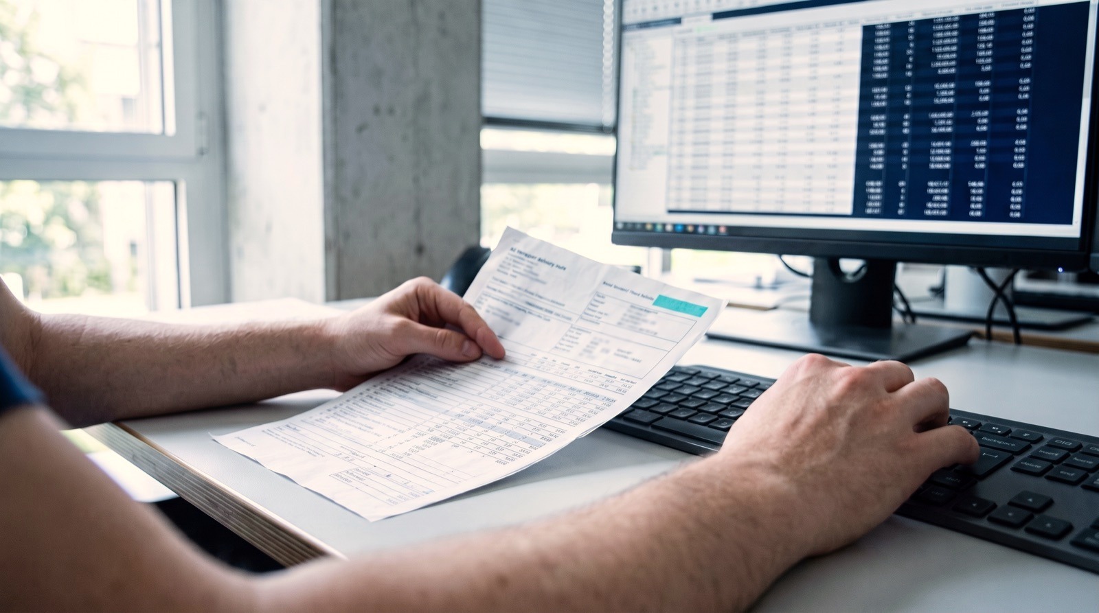 Hands holding a printed transport delivery note beside a keyboard, the same figures being retyped into the system on screen