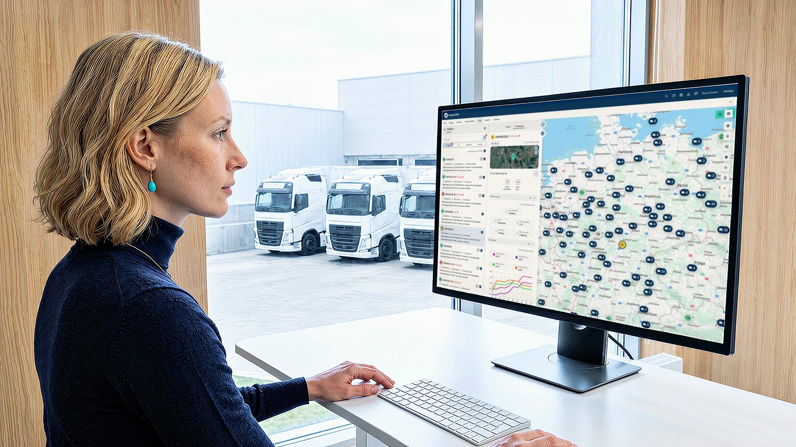 A woman at a monitor showing the fleet map in frameLOGIC FMS, with white tractor units parked outside the window