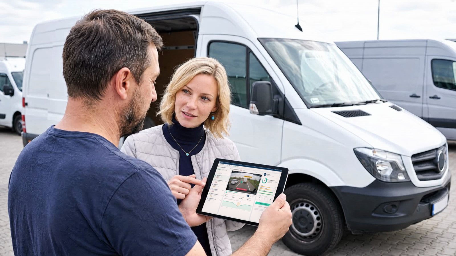 A driver and a safety coach by a white van, reviewing a recorded event on a tablet