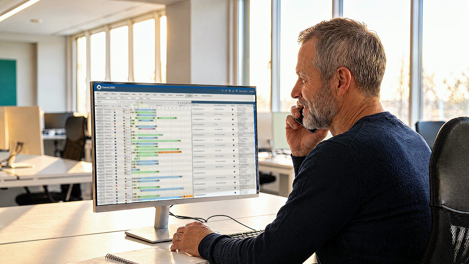 A dispatcher on the phone at a monitor showing the planning board in frameLOGIC TMS